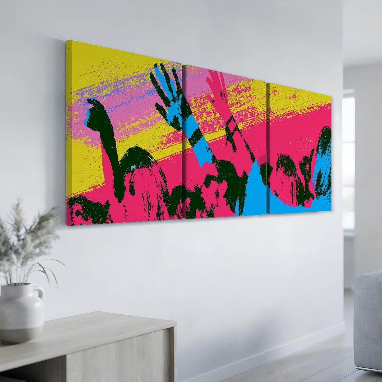 a vibrant, colorful abstract painting displayed on a wall in a room.
