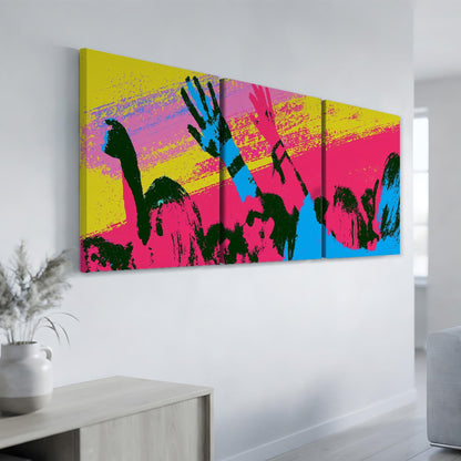 a vibrant, colorful abstract painting displayed on a wall in a room.