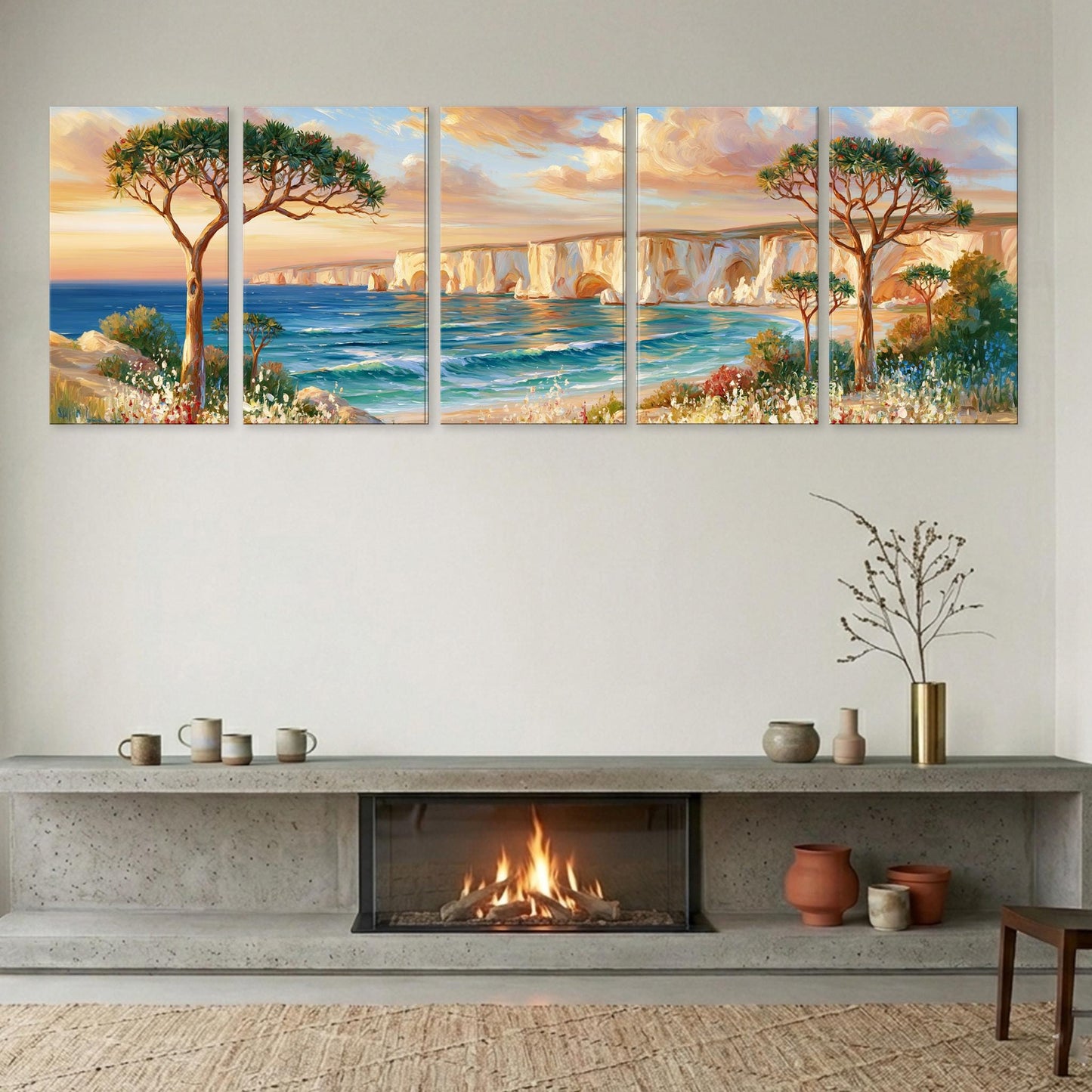 a cozy living room with a fireplace, a large painting of a scenic landscape above it, and various decorative elements such as vases and a potted plant.