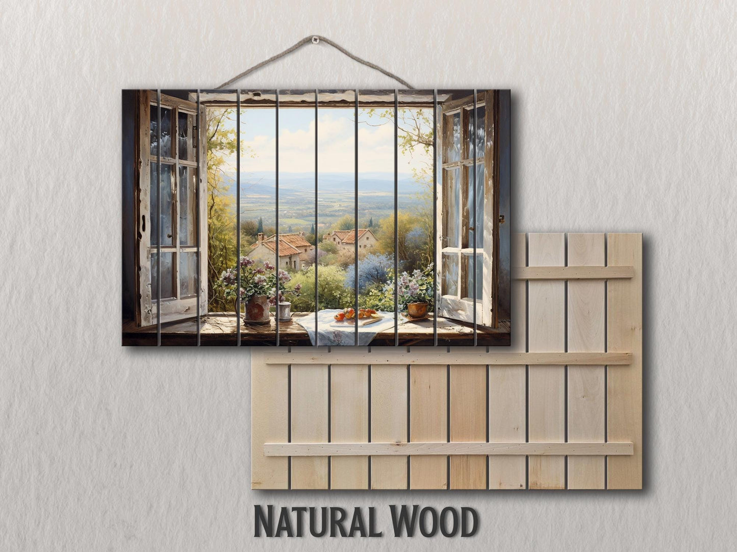Balkan Landscape Wood Art – Rustic Natural Wood Wall Decor with Window View Painting
