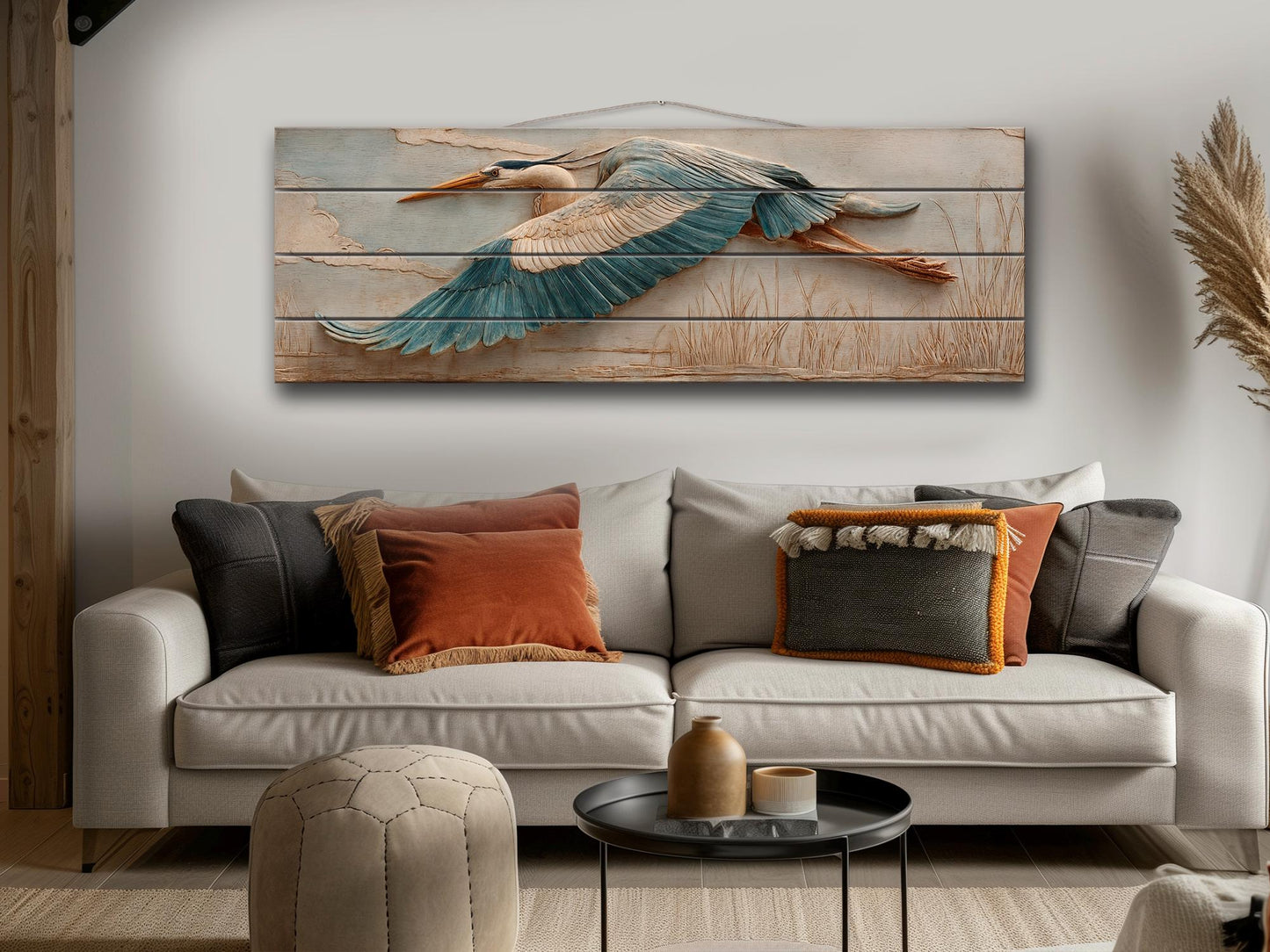 Heron Wood Wall Art - Rustic Nature Decor | Elegant Bird Poster on Wood Plank