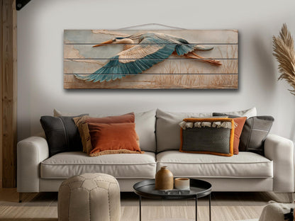 Heron Wood Wall Art - Rustic Nature Decor | Elegant Bird Poster on Wood Plank
