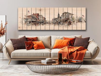 Vintage Americana Wall Art – Main Street Print on Wood with Rustic Farmhouse Charm