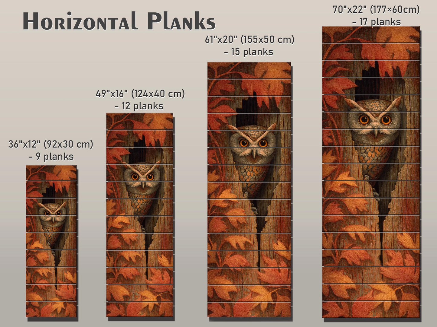 Curious Owl Peeking from a Hollow Tree with Autumn Leaves Print on Natural Wood, Vertical Autumn Painting, Wood Wall Art, Cozy Cabin Decor