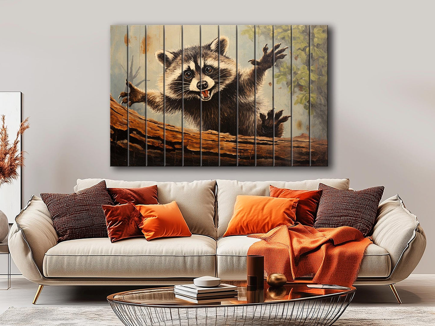 Rustic Woodland Wall Art – Happy Raccoon Wooden Wall Decor on Wood Planks