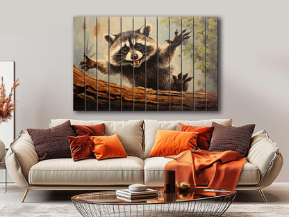 Rustic Woodland Wall Art – Happy Raccoon Wooden Wall Decor on Wood Planks