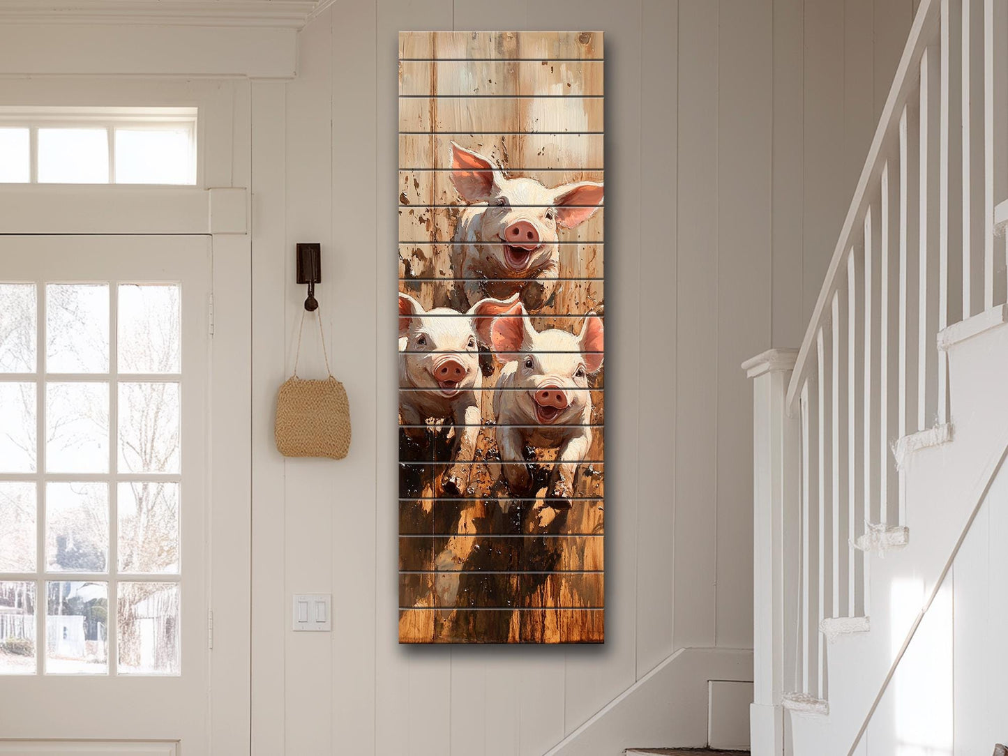 Playful Piglets in Muddy Pen Painting Printed on Natural Wood – Farm Animal Print on Rustic Linden Wood with Sunshine and Country Colors