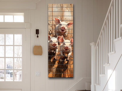 Playful Piglets in Muddy Pen Painting Printed on Natural Wood – Farm Animal Print on Rustic Linden Wood with Sunshine and Country Colors
