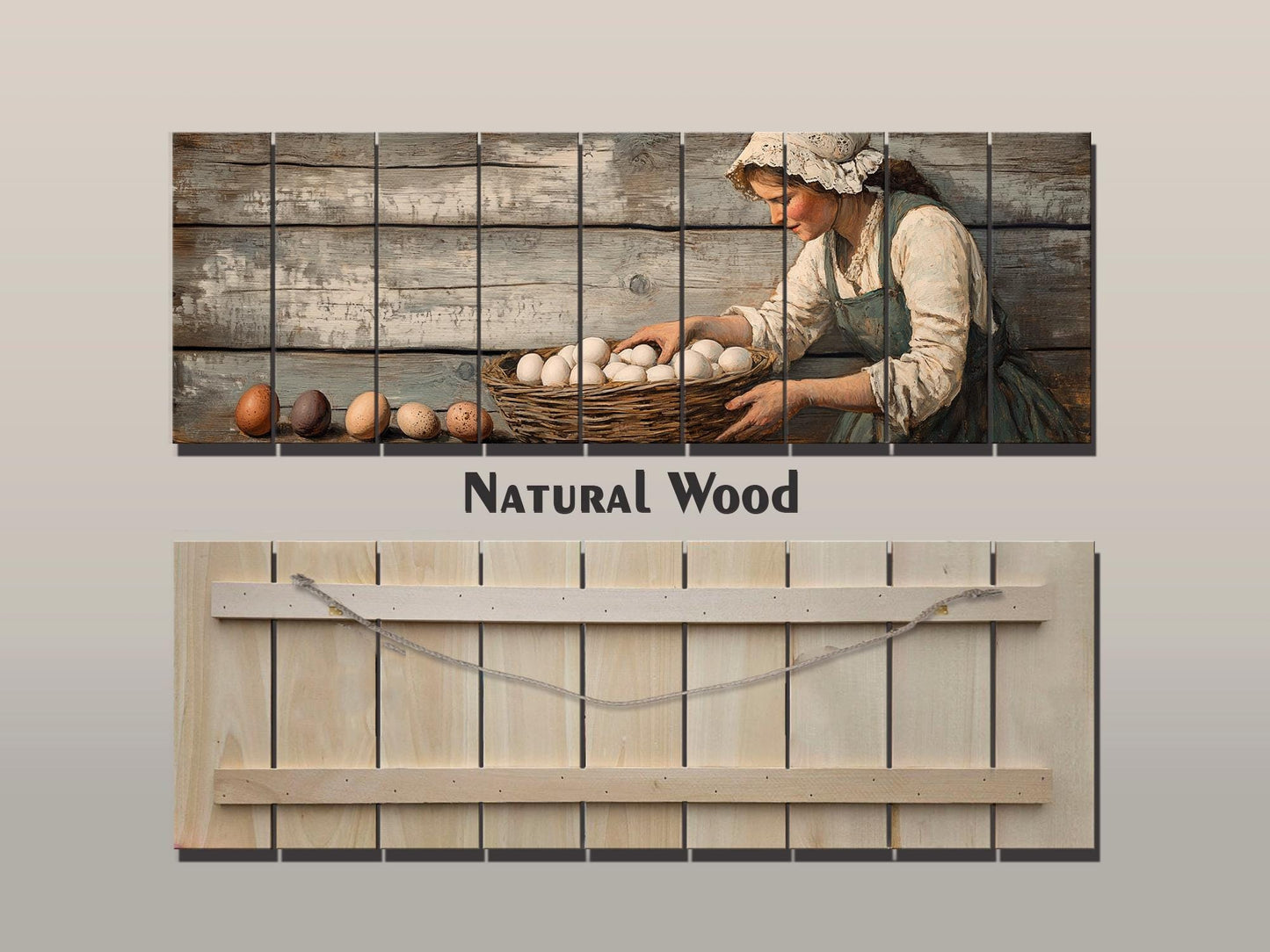 Rustic Wood Wall Art – Woman Collecting Eggs Print on Natural Wood Plank