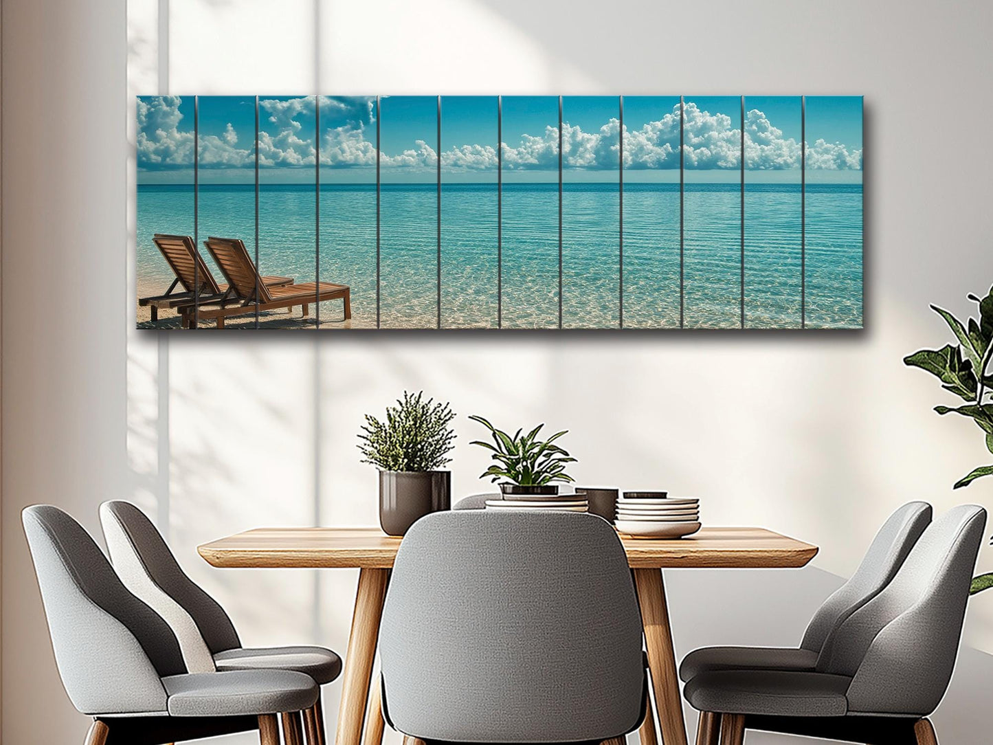 Scenic Beach with Deck Print on Natural Wood – Coastal Wall Art