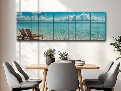 Scenic Beach with Deck Print on Natural Wood – Coastal Wall Art