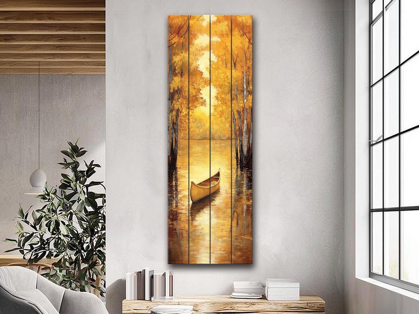 Canoe Painting Printed on Natural Wood – Golden Autumn Lake Scene – Rustic Cabin Wall Decor, Wood Wall Art