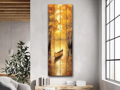 Canoe Painting Printed on Natural Wood – Golden Autumn Lake Scene – Rustic Cabin Wall Decor, Wood Wall Art