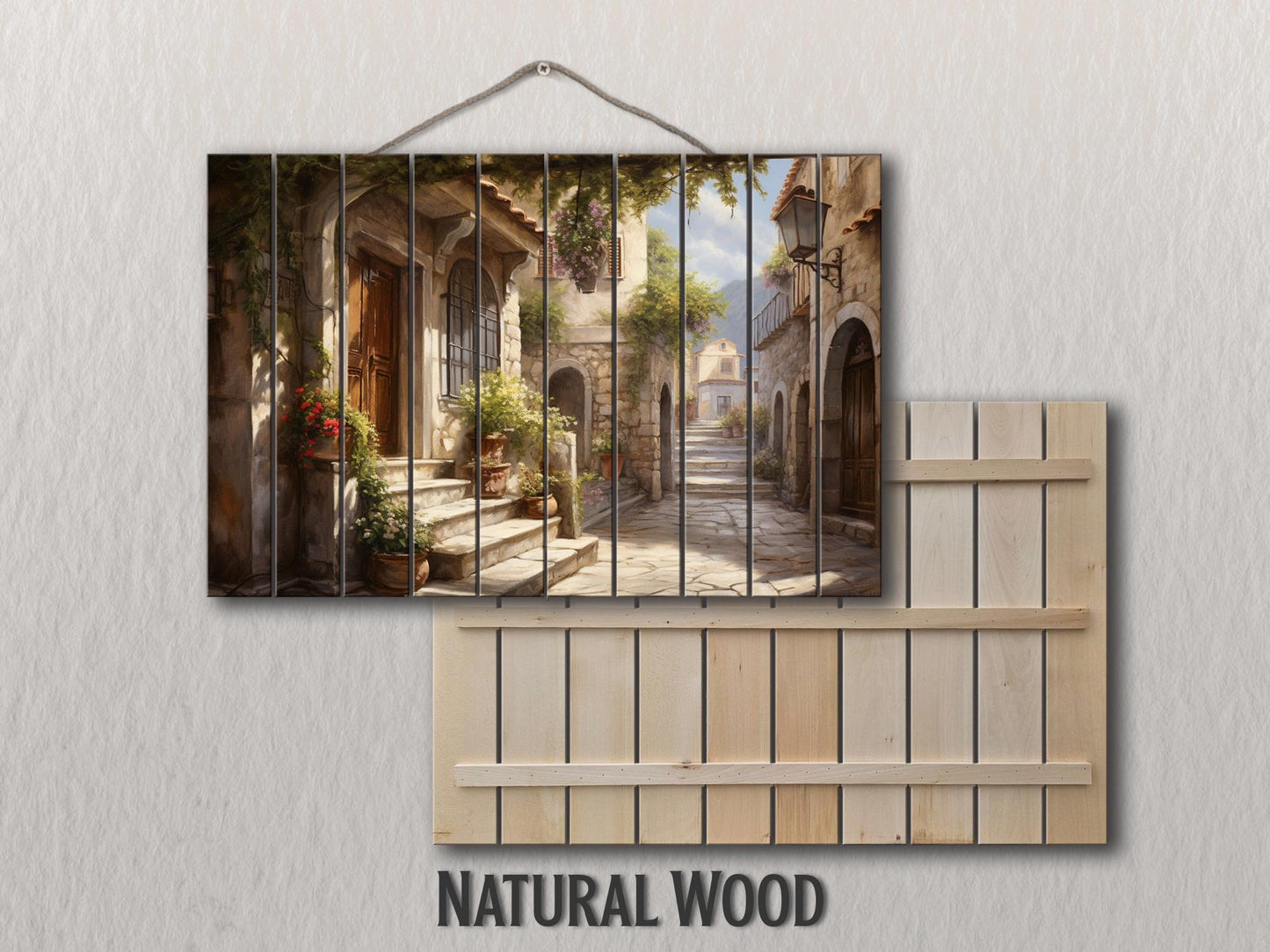 Italian Village Wall Art – Rustic Wood Plank Painting with Vibrant Italy Landscape Print