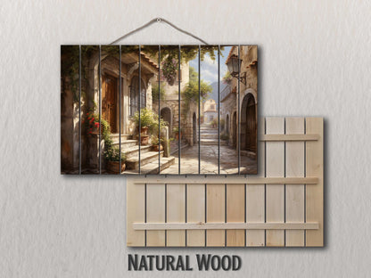 Italian Village Wall Art – Rustic Wood Plank Painting with Vibrant Italy Landscape Print