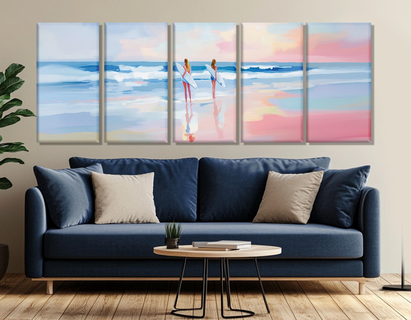 Surfer Girls Canvas Print – Large Pink Sunset Beach Canvas Decor | Ready to Hang