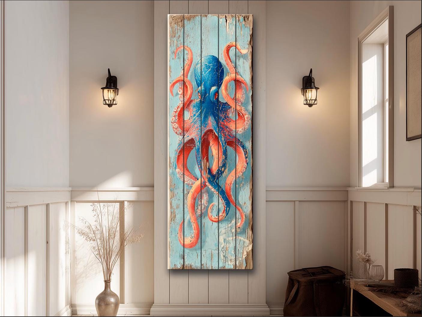 Octopus Wood Art – Colorful Nautical Wall Art | Coastal Sea Painting on Natural Wood