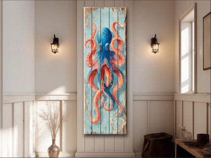 Octopus Wood Art – Colorful Nautical Wall Art | Coastal Sea Painting on Natural Wood
