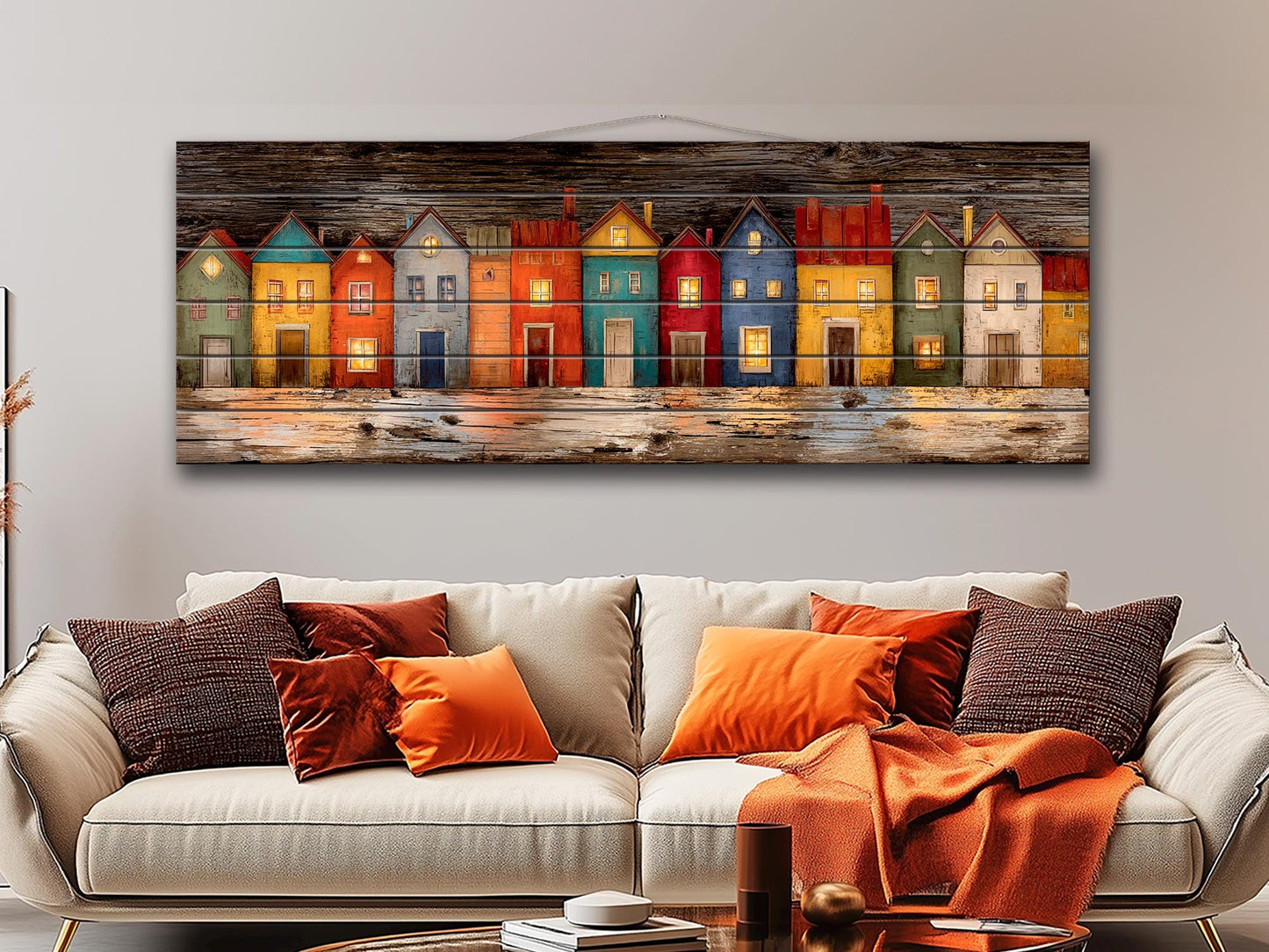 Wood Wall Art – Colorful Houses Print on Natural Wood with Glowing Windows