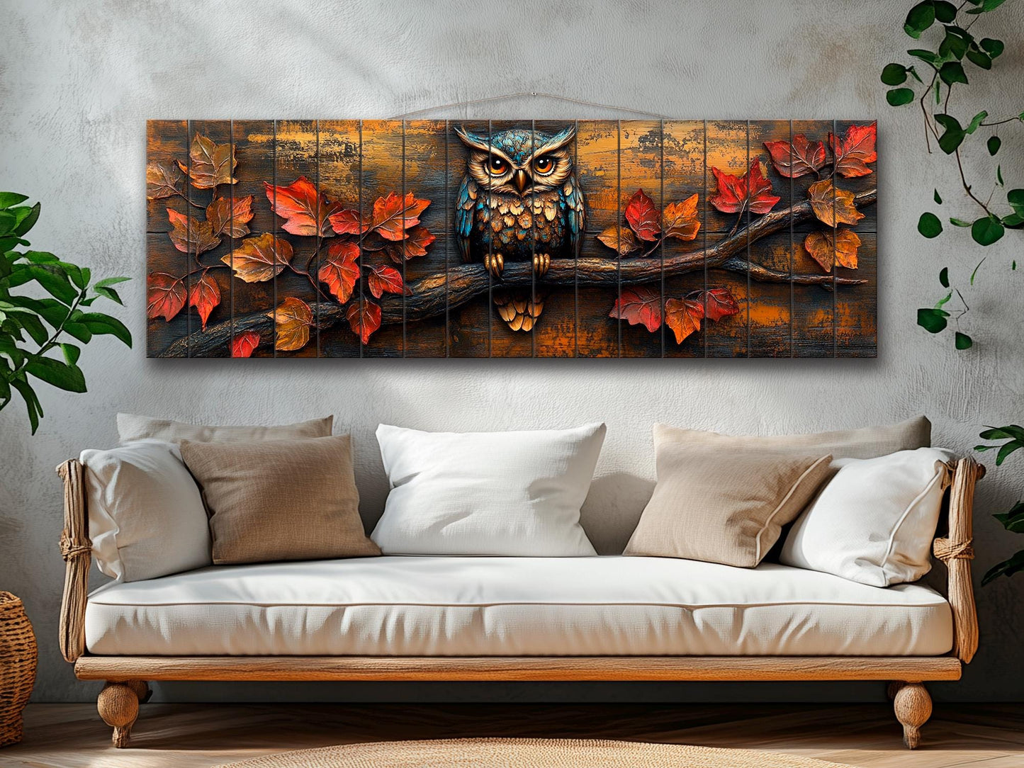 Owl Wood Wall Art – Rustic Autumn Wood Plank Painting with Glowing Fall Leaves