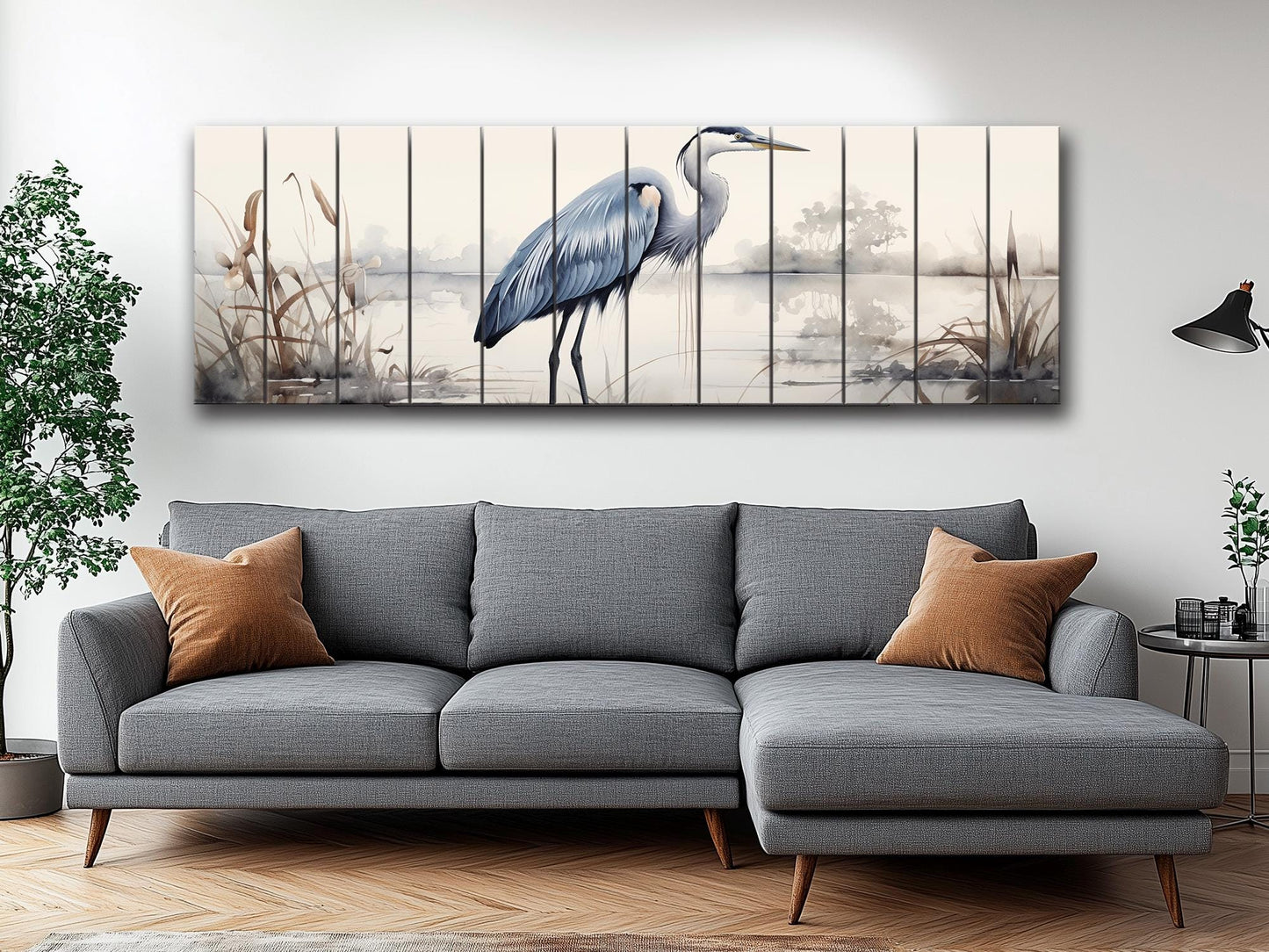 Rustic Heron Wall Art – Wooden Bird Print on Natural Wood Plank Artwork