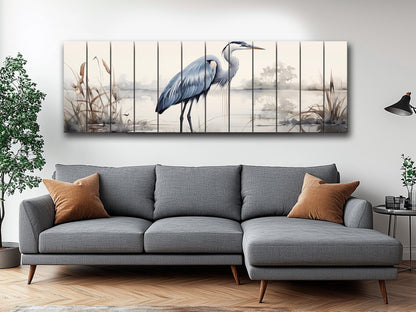Rustic Heron Wall Art – Wooden Bird Print on Natural Wood Plank Artwork