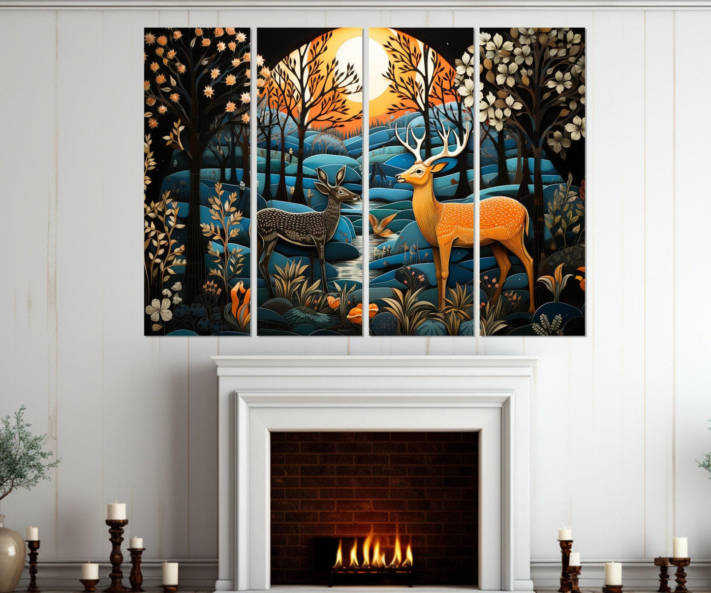 Fantasy Deer Canvas Print – Madhubani Style Framed Wall Art, Ready to Hang