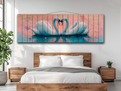 Swans Couple Forming a Heart at Sunrise Print on Natural Wood, Romantic Wall Art, Rustic Swans Painting, Swans Wall Art, Wood Wall Art