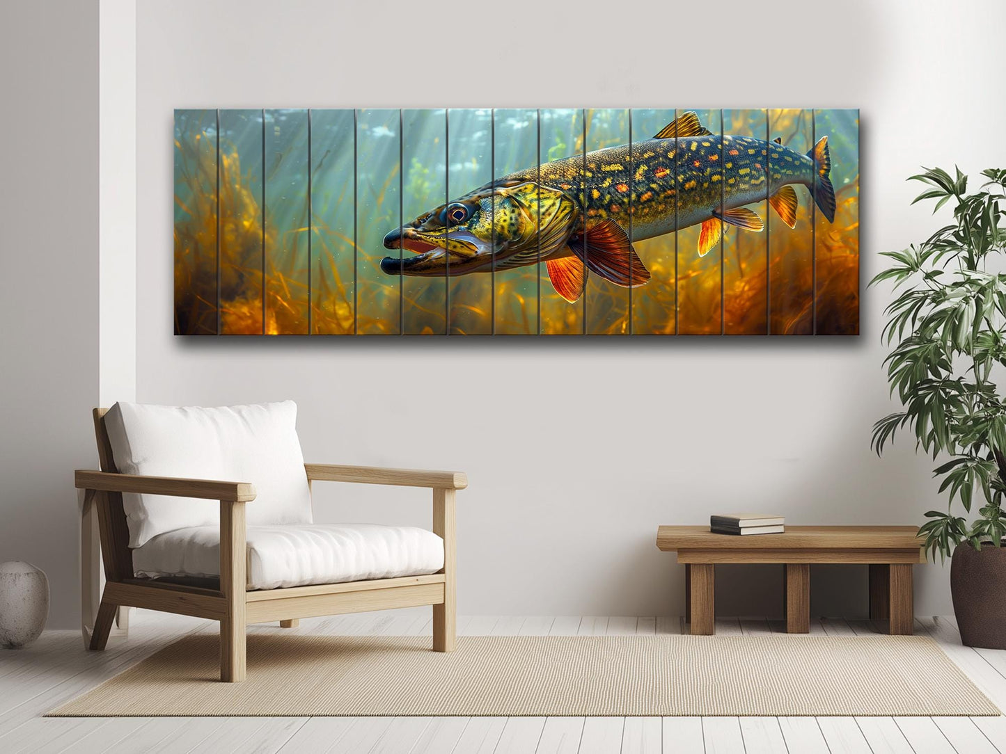 Northern Pike Wall Art – Rustic Fishing Wall Decor on Natural Wood Planks