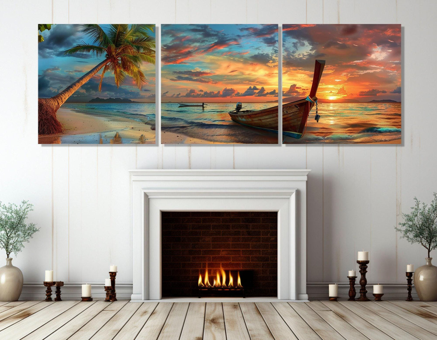 Tropical Sunset Canvas Art - Beach Canvas Print with Palm Tree & Old Boat - Ready to Hang
