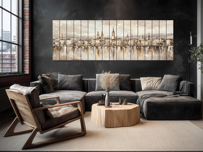 Zurich Skyline Wood Print – Rustic Wall Art with Lake Reflections Painting