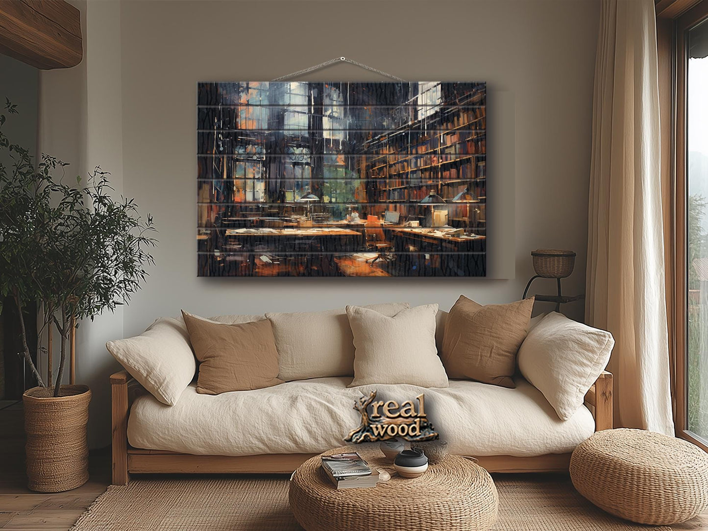 Wood Wall Art - Abstract Library Oil Painting | Natural Wood Print Decor