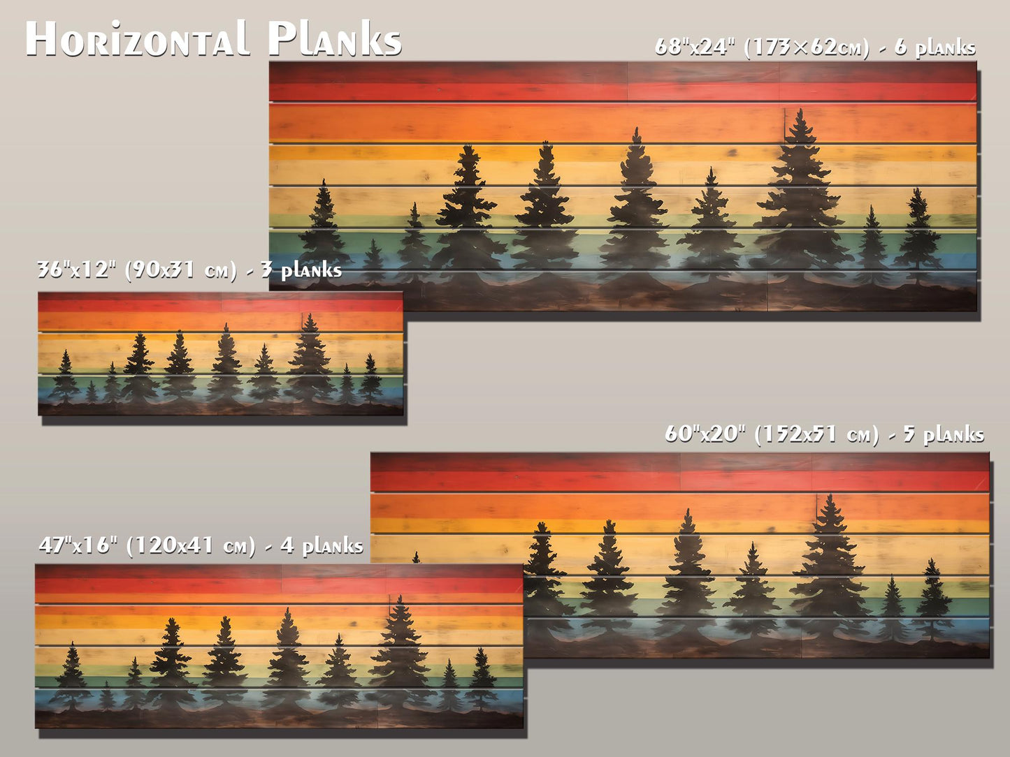 Wooden Forest Wall Art – Colorful Sunset Pine Tree Print on Natural Wood Planks