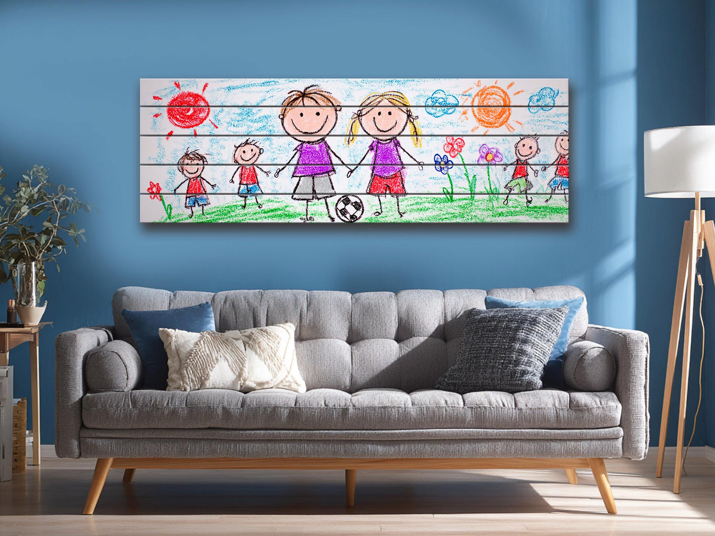 Family Crayon Art Print on Wood, Cute Kids Drawing, Rustic Nursery Wall Decor