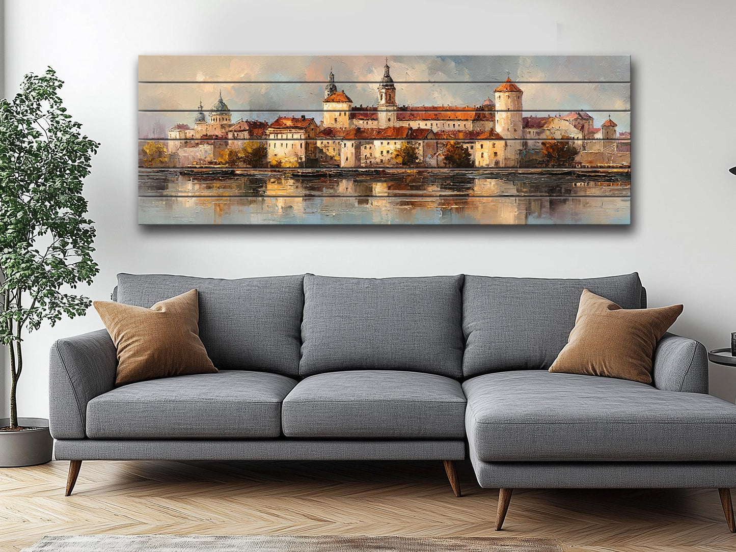 Krakow Skyline Wood Print – Rustic Wall Art With Castle River Painting On Distressed Wood