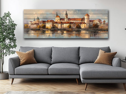 Krakow Skyline Wood Print – Rustic Wall Art With Castle River Painting On Distressed Wood