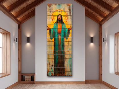 Jesus Christ with Open Arms Painting on Natural Wood – Rustic Religious Print, Christian Wall Decor, Biblical Wall Art, Church Wall Decor