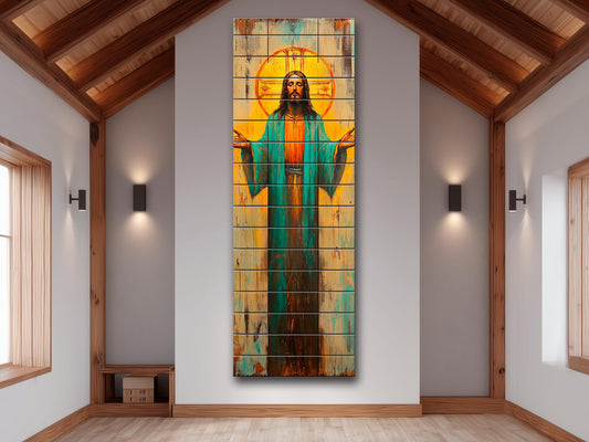 Jesus Christ with Open Arms Painting on Natural Wood – Rustic Religious Print, Christian Wall Decor, Biblical Wall Art, Church Wall Decor