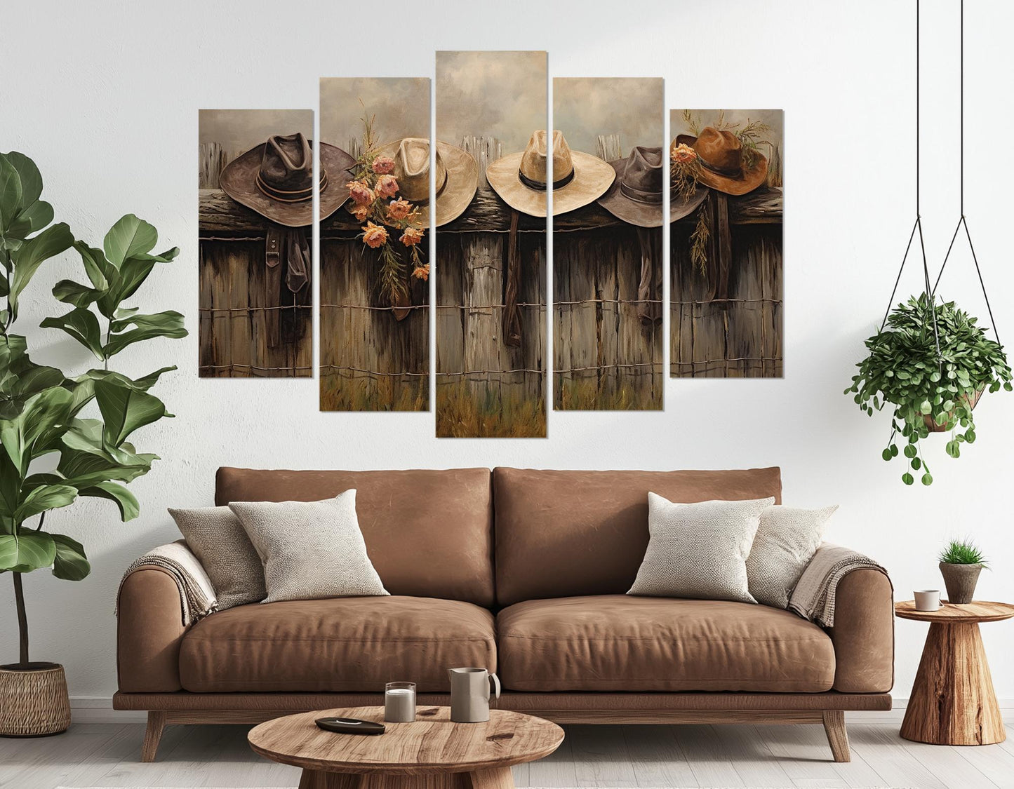 Rustic Fence Canvas Print – Farmhouse Wall Decor With Hanging Hats Artwork, Ready to Hang