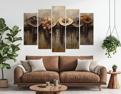 Rustic Fence Canvas Print – Farmhouse Wall Decor With Hanging Hats Artwork, Ready to Hang