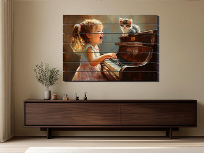 Wooden Piano Wall Art – Happy Girl Playing Piano Print on Natural Wood Plank