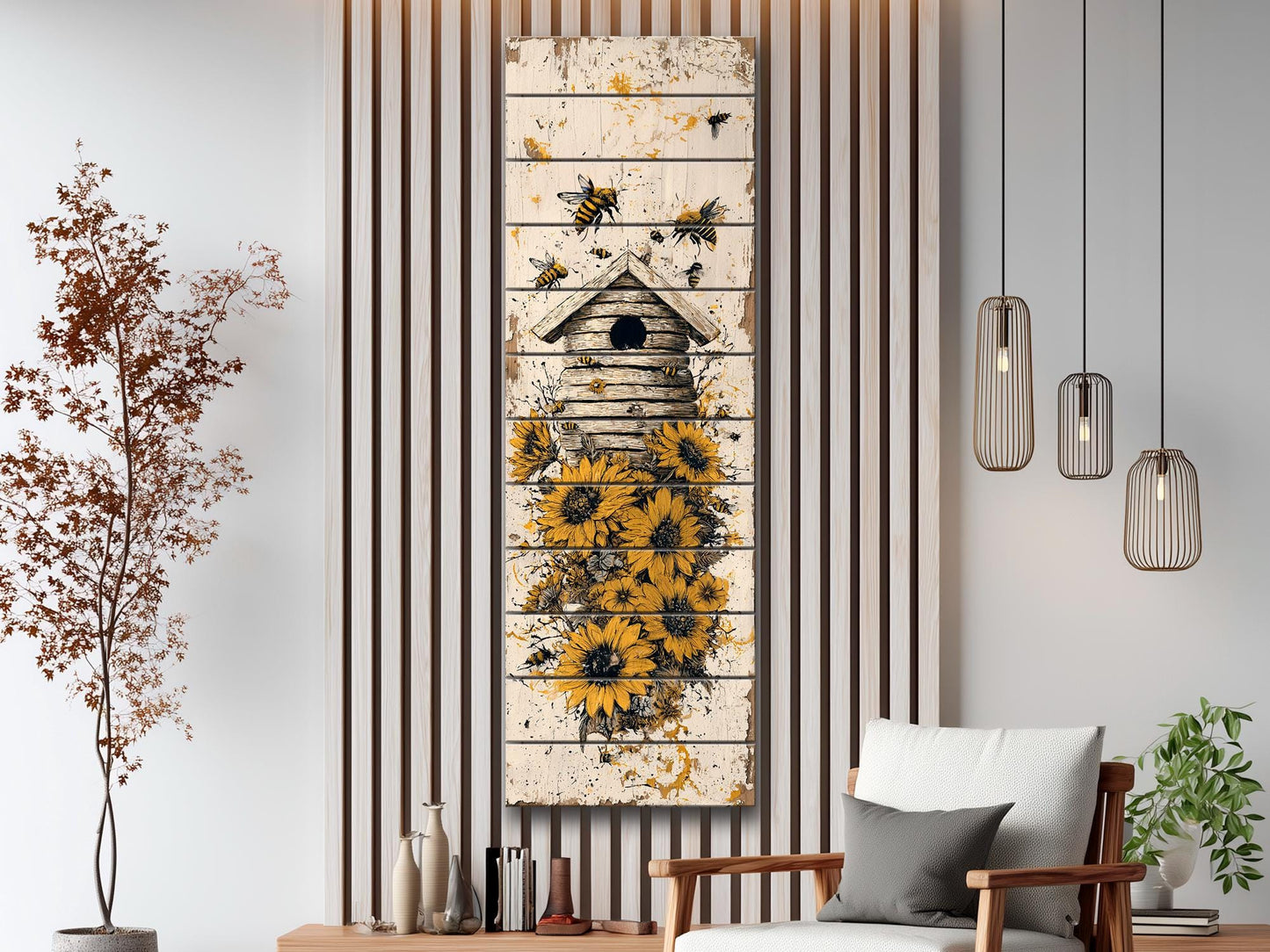 Rustic Wood Wall Art – Beehive Wood Print with Sunflower Floral Decor – Farmhouse Style