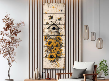 Rustic Wood Wall Art – Beehive Wood Print with Sunflower Floral Decor – Farmhouse Style