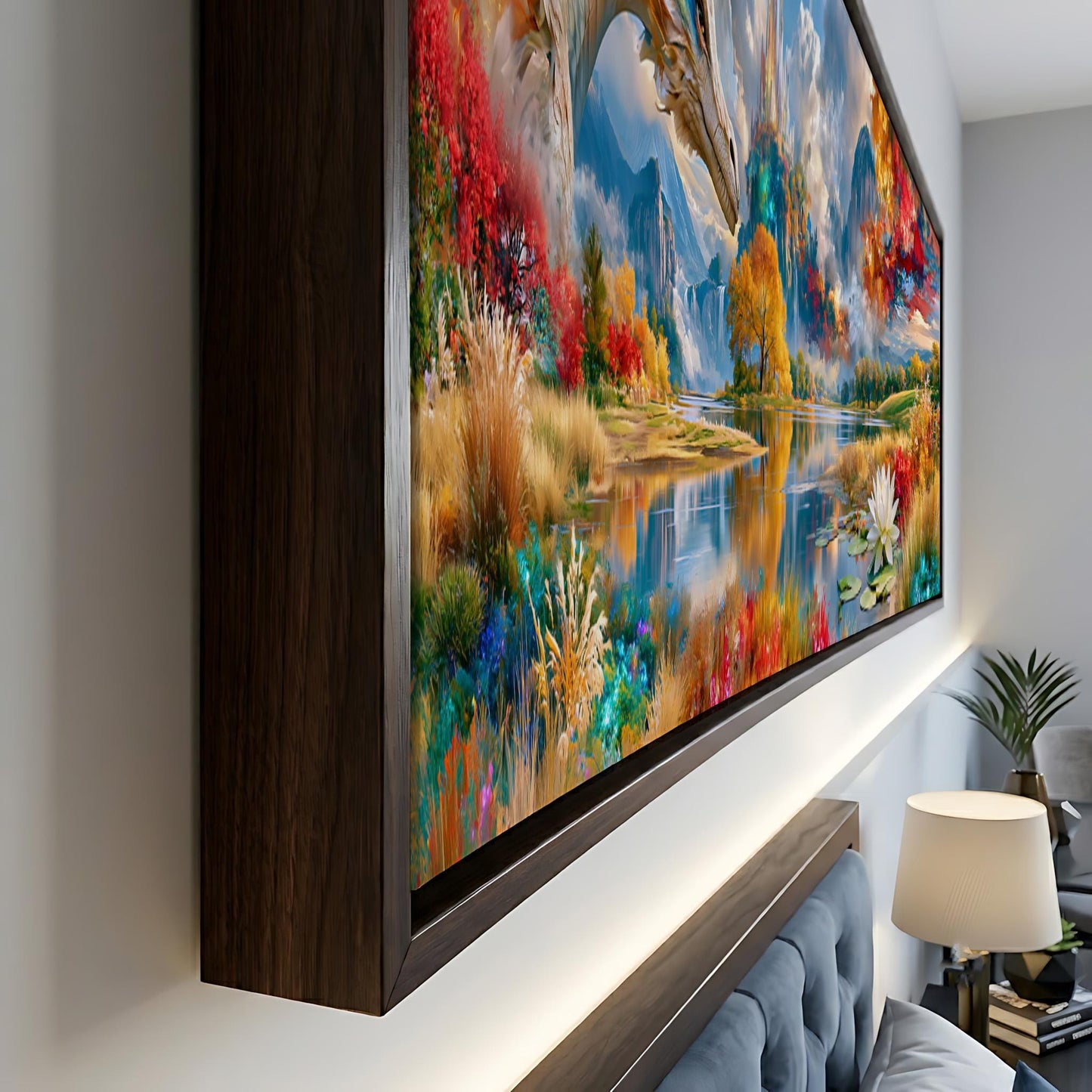 a large, colorful painting of a serene landscape with mountains, trees, and a lake, hanging on a wall in a room.