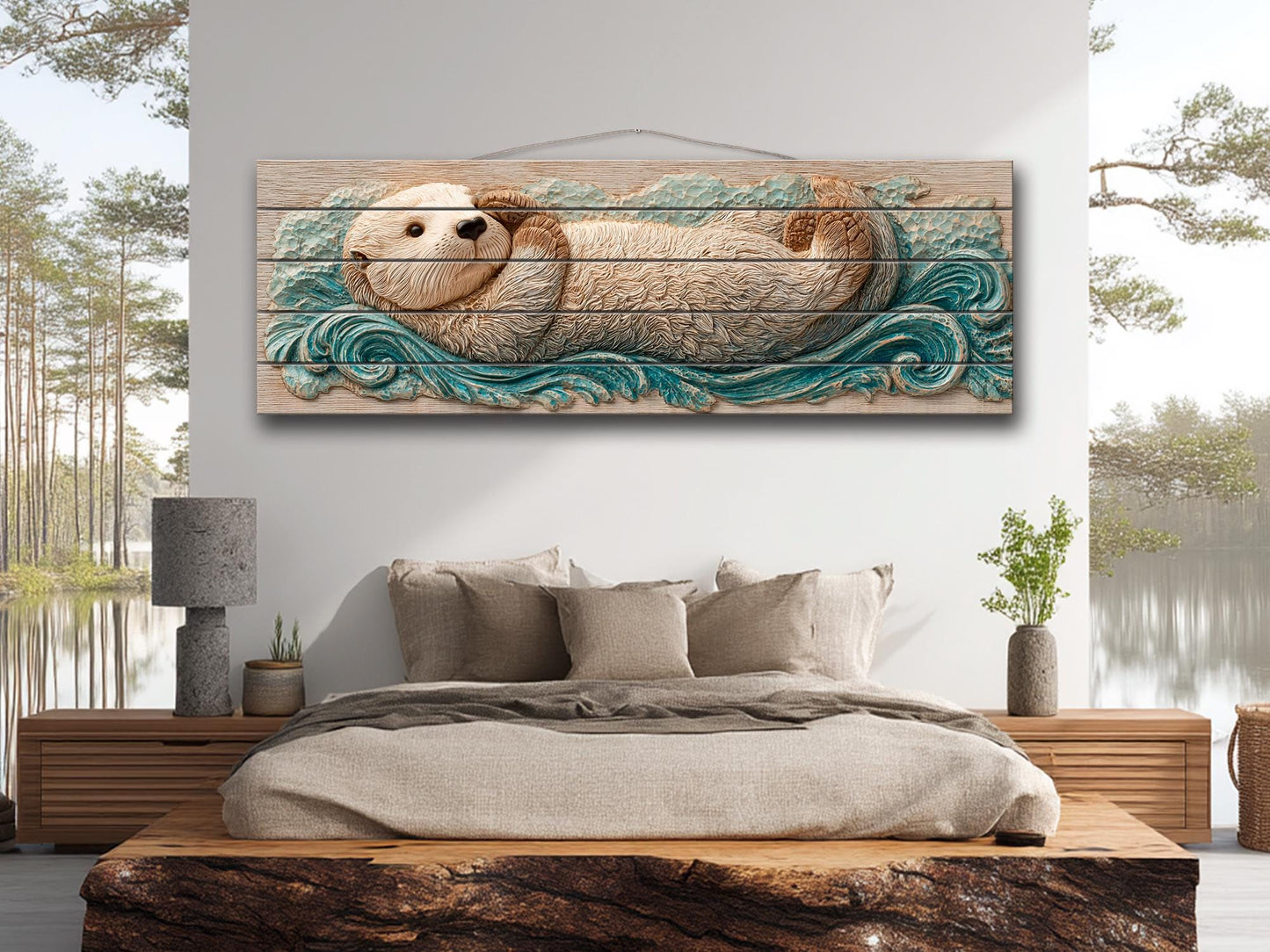 Sea Otter Print on Wood – Coastal Rustic Decor | Beige Blue Wall Art