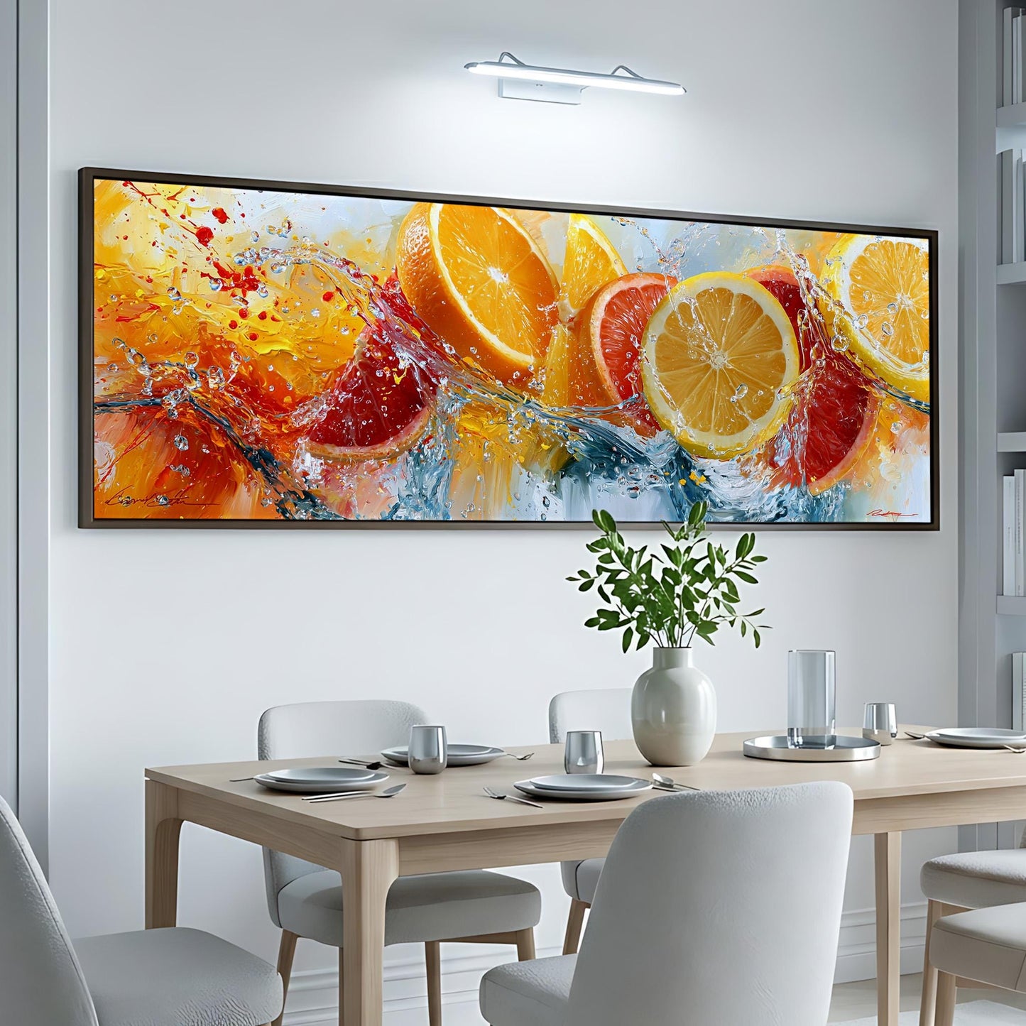 a large, colorful painting of oranges and lemons hanging on a white wall above a dining table with white chairs.