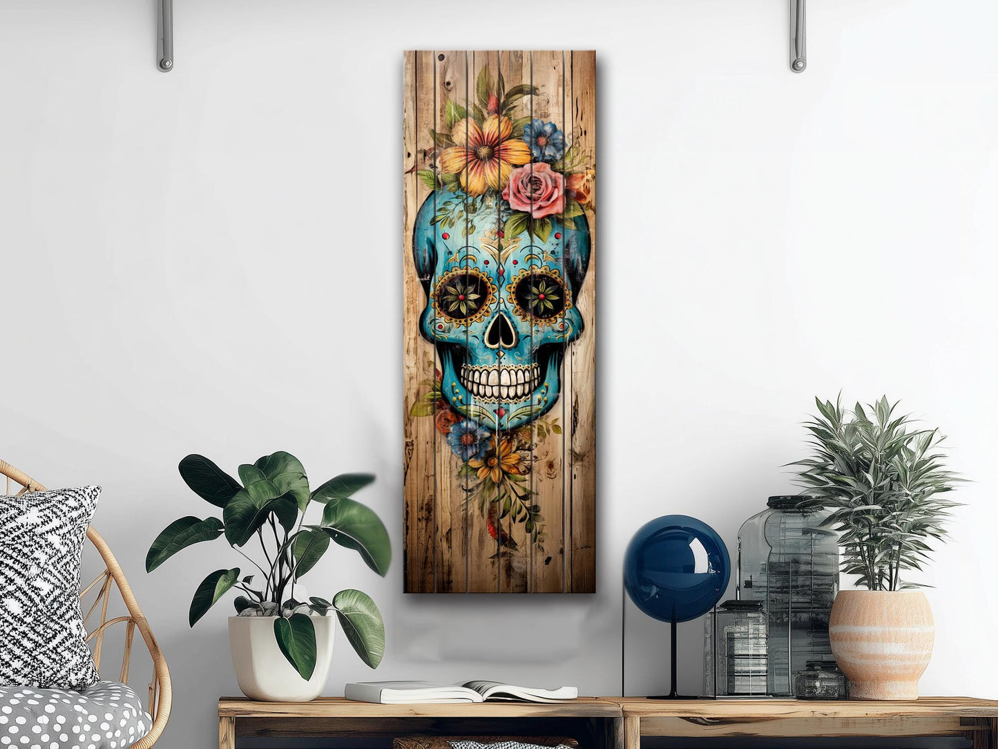Mexican Sugar Skull Art – Rustic Wood Wall Decor | Vibrant Floral Skull Print
