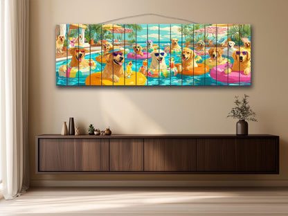 Golden Retriever Wall Art – Playful Pool Party Dog Print on Rustic Wood