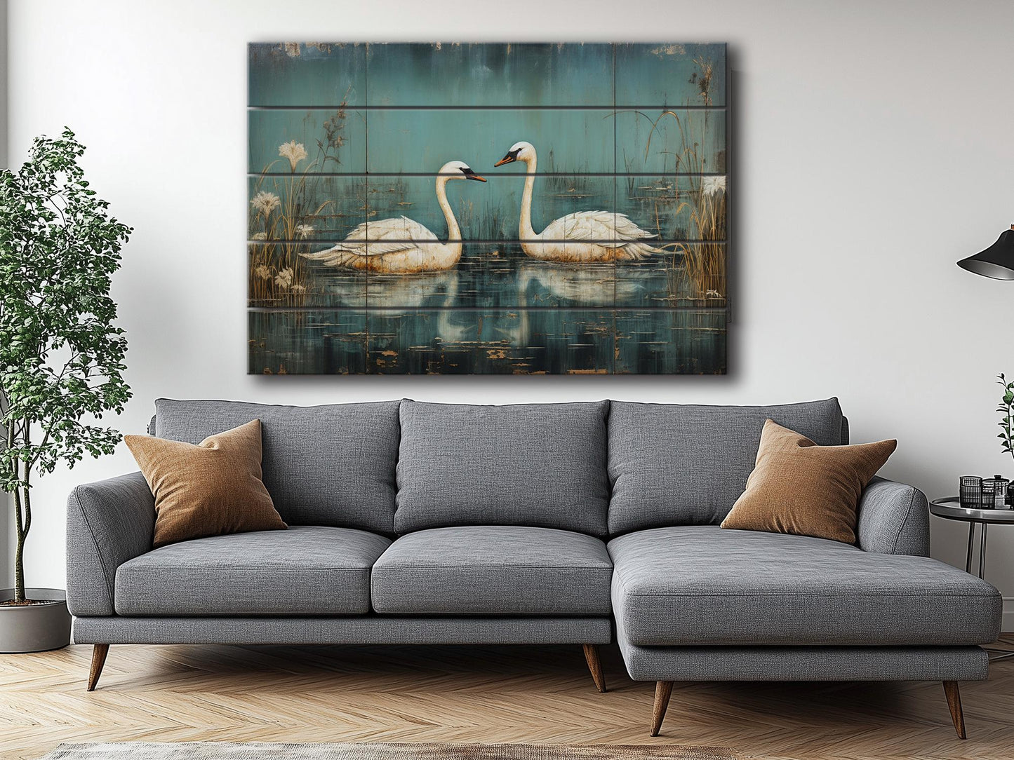 Rustic Swan Art Printed on Wood, Love Wall Art, Swans in Love Painting, Anniversary Gift, Romantic Gift, Bedroom Decor