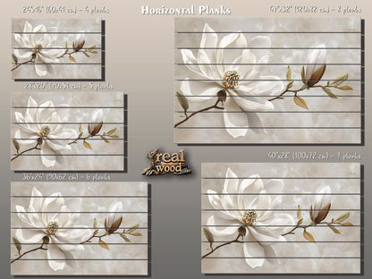 Wood Wall Art – Magnolia Flower Print | Natural Wood Decor, Modern Floral Painting
